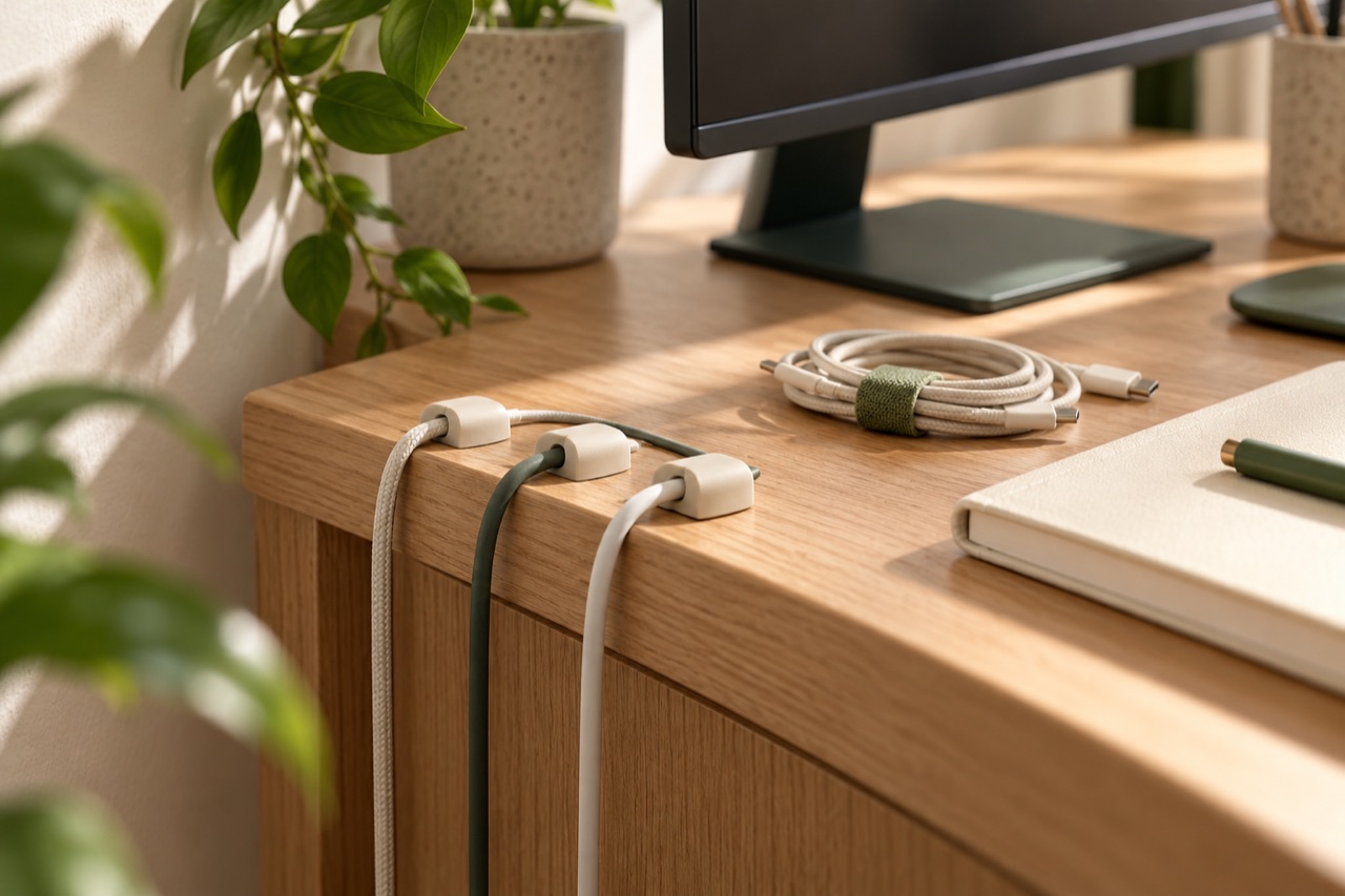 Neutral cable clips and a reusable cable tie on the edge of an oak desk (AI-generated illustration)