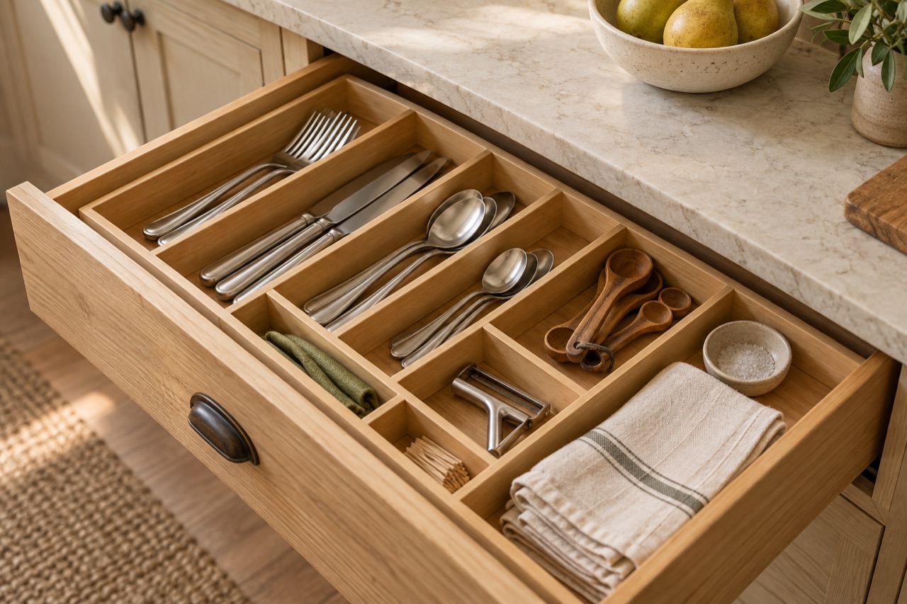 An open oak kitchen drawer with a bamboo cutlery organizer (AI-generated illustration)