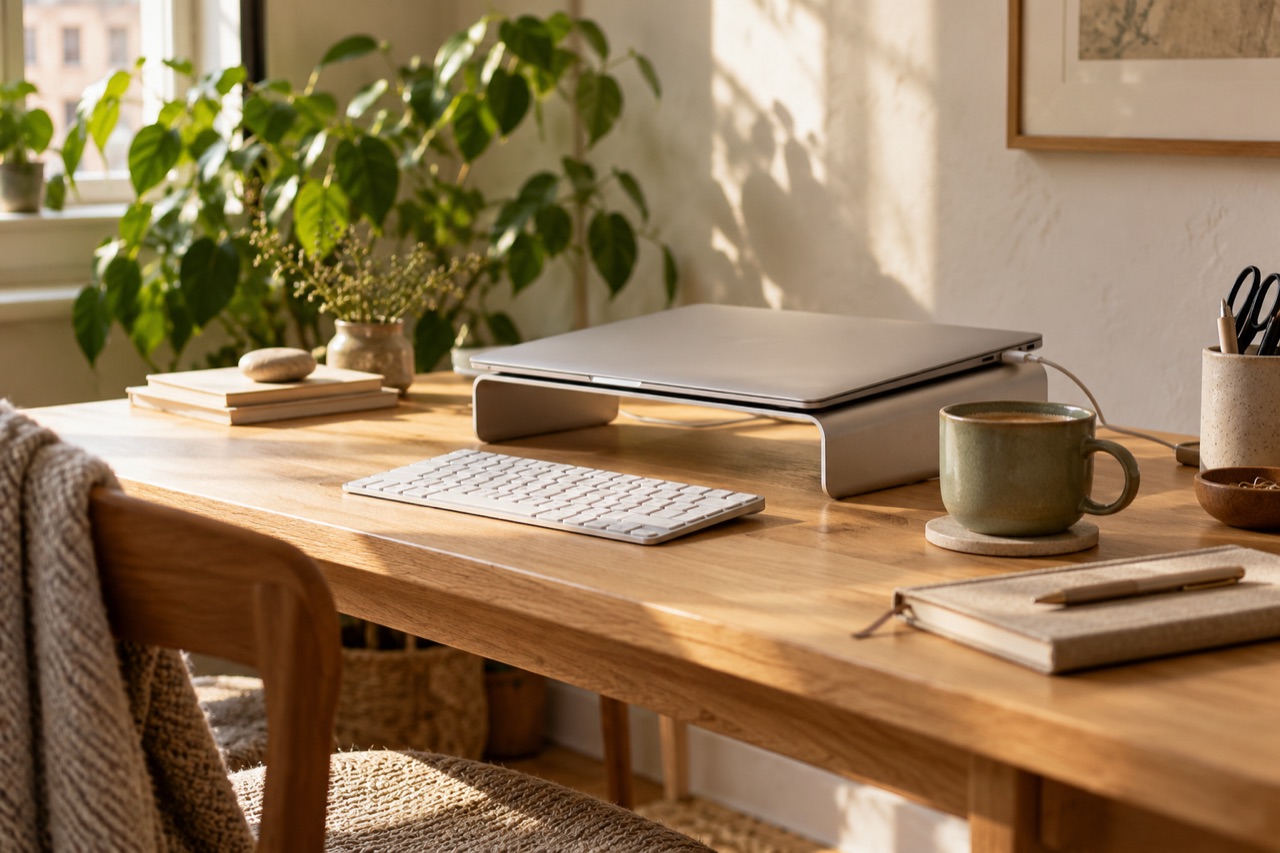 A silver laptop on a stand at a sunlit oak desk with a keyboard and ceramic cup (AI-generated illustration)