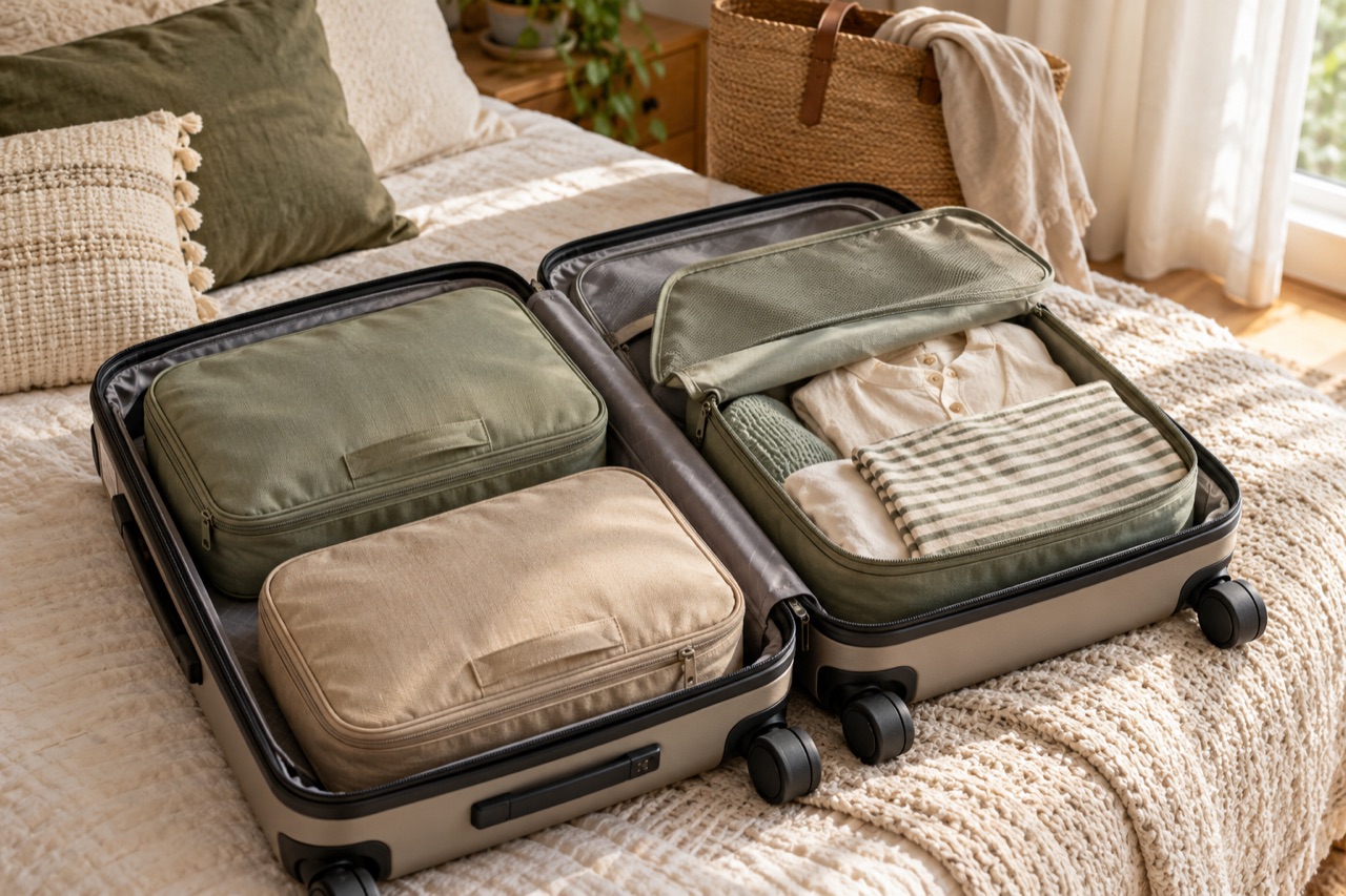 Sage and sand packing cubes inside an open carry-on suitcase (AI-generated illustration)