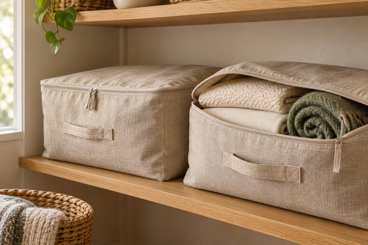 Linen storage bags holding folded blankets on a wooden shelf (AI-generated illustration)