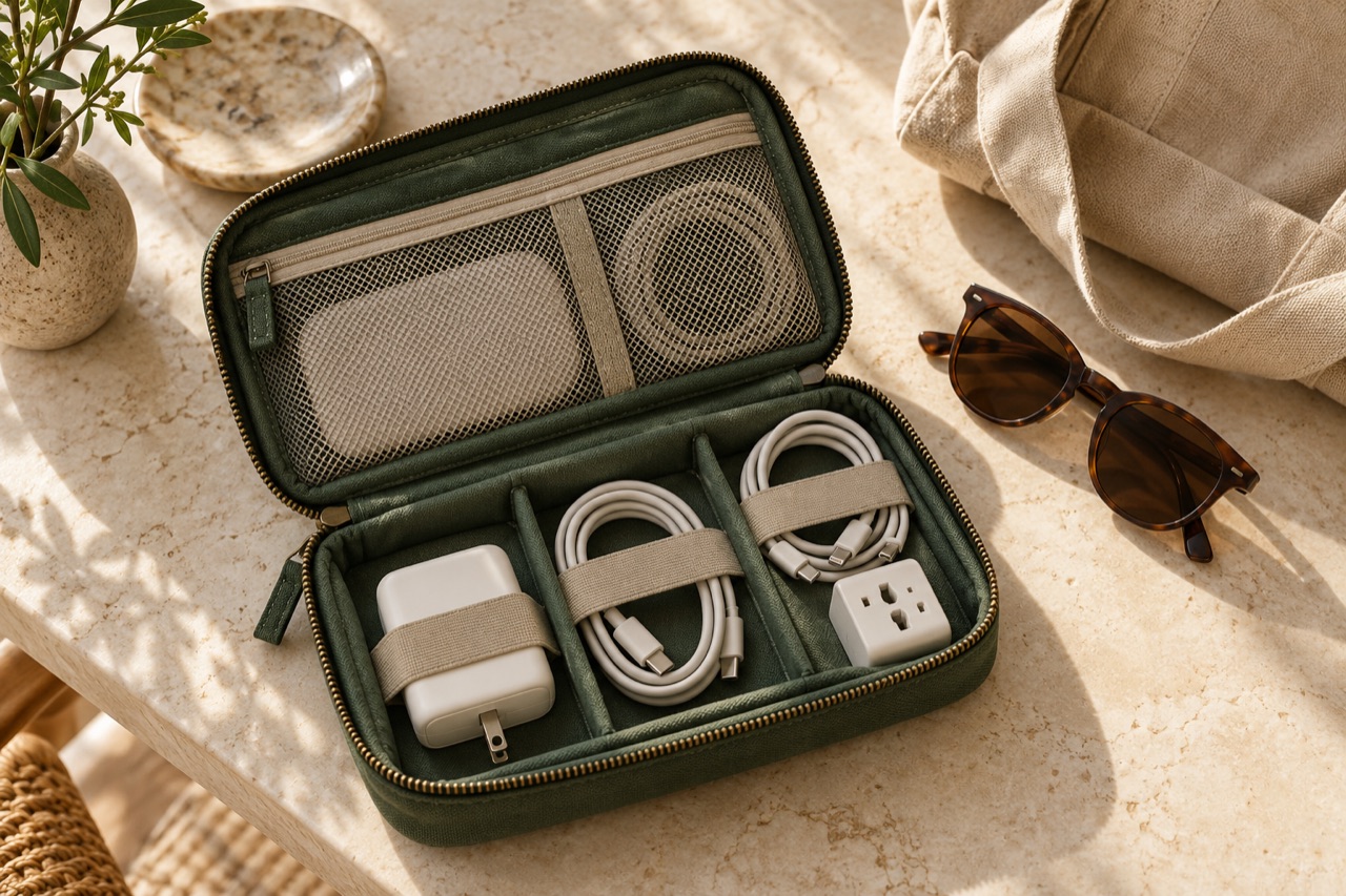 An open green organizer pouch containing a charger and neatly coiled cables (AI-generated illustration)